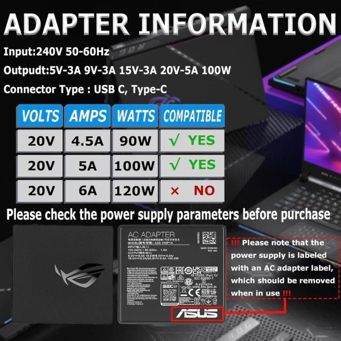 ASUS Laptop Charger 100W 20V 5.0A Original Adapter Model No: B3402FEA (Type-C) (1 Yr Warranty) (Power Cord Included) - Image 7